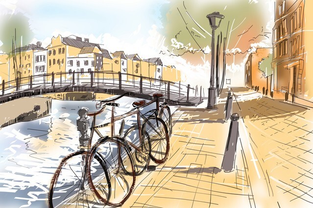 Digital watercolour landscape painting of the streets of Amsterdam with old iconic Netherlands bicycles lined up next to a canal and bridge